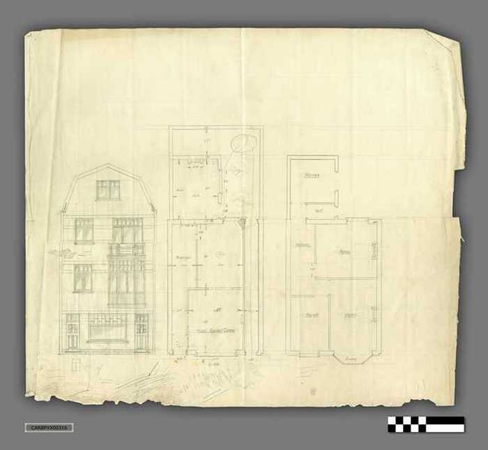 Bouwplan: Gevel en plattegrond van rijhuis