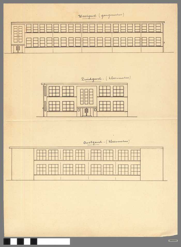 Plan: School  - Westgevel - Zuidgevel - Oostgevel