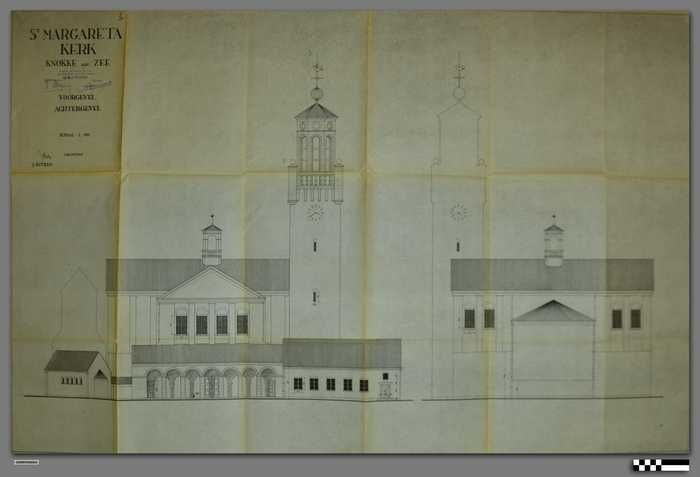 Tekening van voorgevel en achtergevel - schaal 1/100 - St. Margaretakerk - Knokke