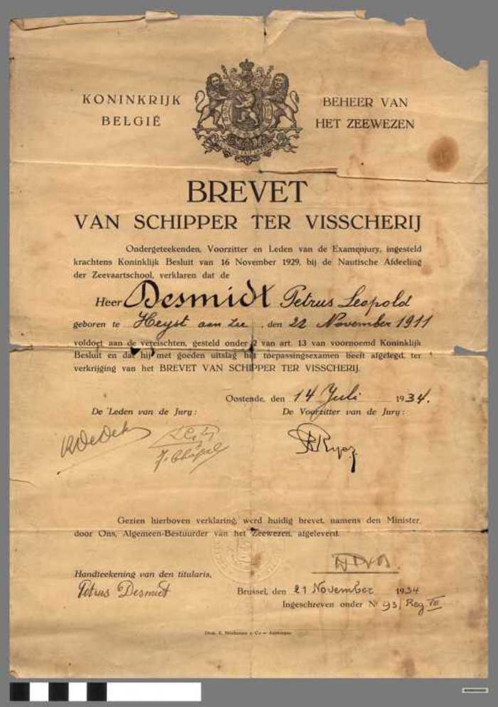 Brevet van schipper ter visscherij - DESMIDT Petrus