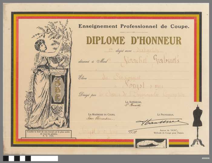 Diplome d'Honneur - Enseignement Professionnel de Coupe - 1931 - Rachel Gabriels