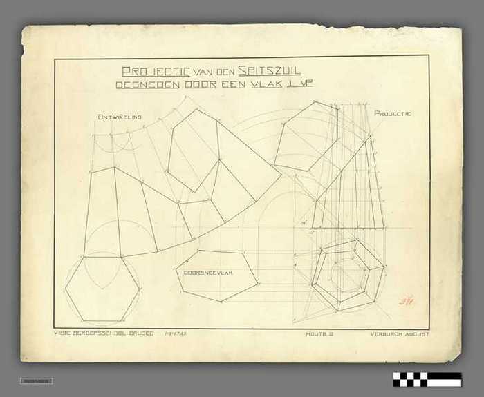 Technische tekening: Projectie van den Spitszuil gesneden door een vlak 1VP