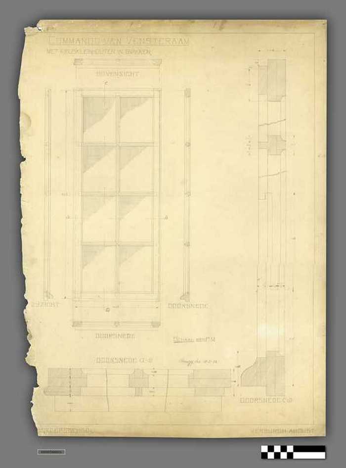 Technische tekening: Commando van vensteraam (sic) met kriuskleinhouten (sic) in 8 vakken.