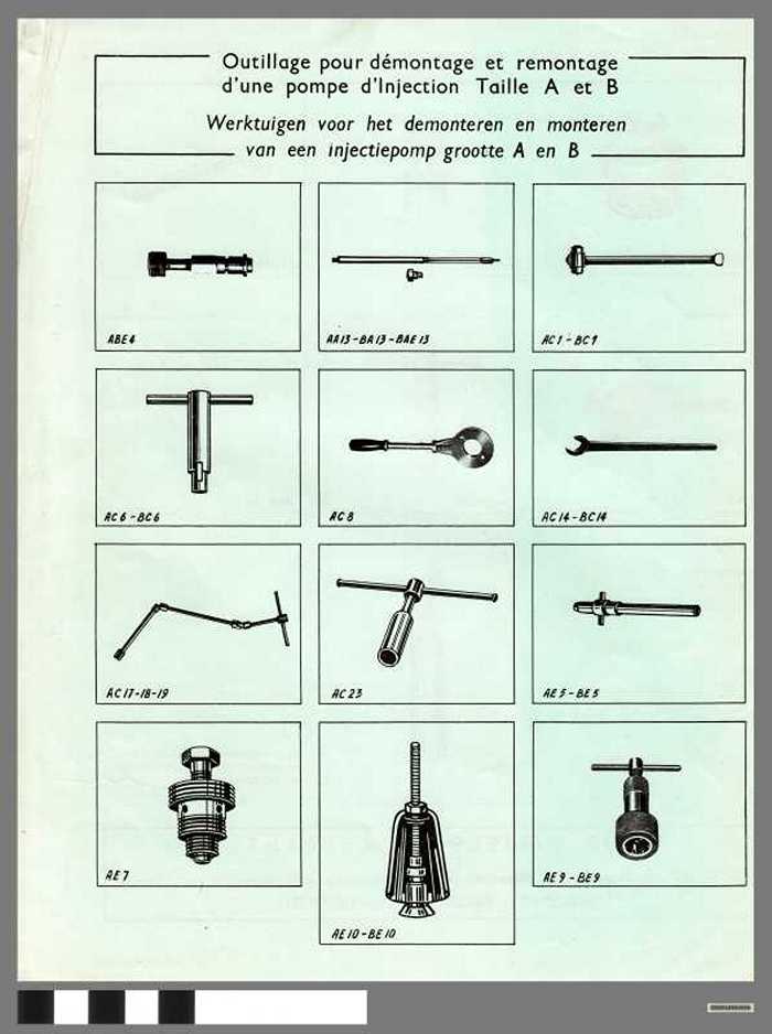 Werktuigen voor het demonteren en monteren van een injectiepomp grootte A en B