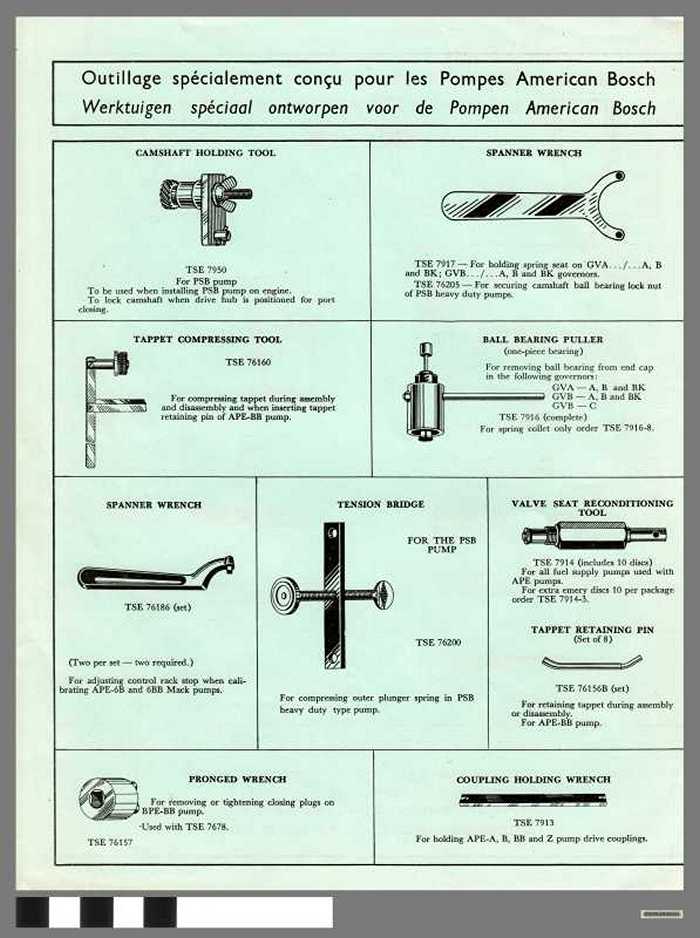 Werktuigen speciaal ontworpen voor de pompen American Bosch