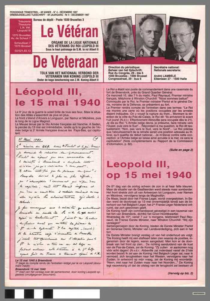Le Vétéran, de Veteraan, tolk van het Nationaal Verbond der veteranen van koning Leopold III - 40e jaargang, nr 4 - december 1997