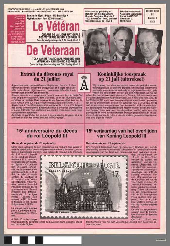 Le Vétéran, de Veteraan, tolk van het Nationaal Verbond der veteranen van koning Leopold III - 41e jaargang, nr 3 - september 1998