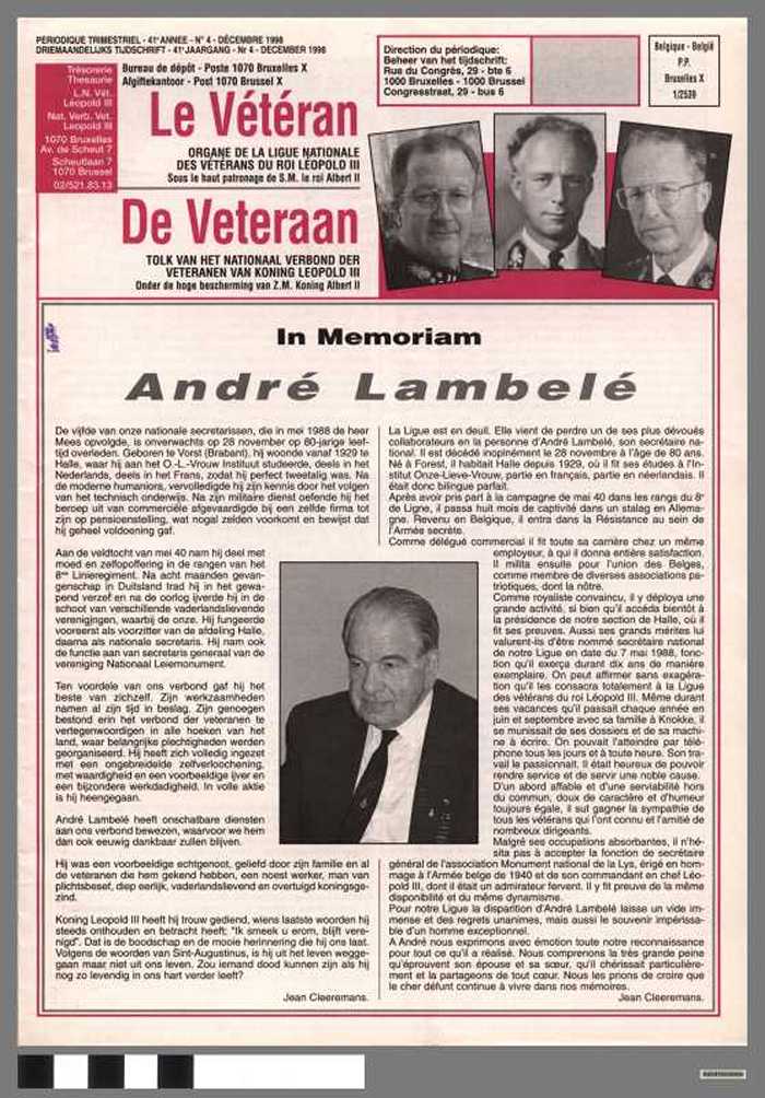 Le Vétéran, de Veteraan, tolk van het Nationaal Verbond der veteranen van koning Leopold III - 41e jaargang, nr 4 - december 1998