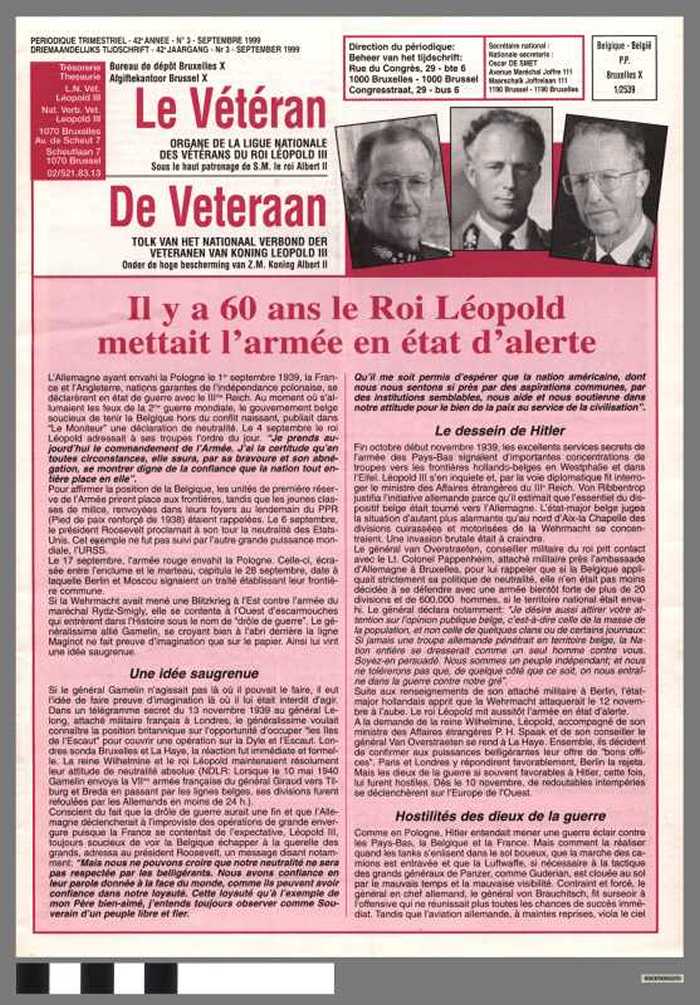 Le Vétéran, de Veteraan, tolk van het Nationaal Verbond der veteranen van koning Leopold III - 42e jaargang, nr 3 - september 1999