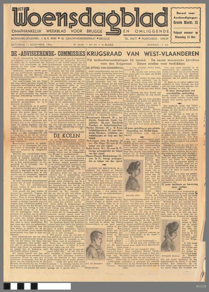 Krant: Het Woensdagblad - Onafhankelijk weekblad voor Brugge en omliggende -zaterdag 11 november 1944 - 9e jaar - N