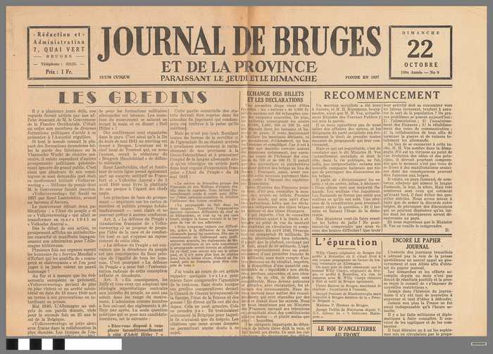Krant: Journal de Bruges et de la Province - dimanche 22 octobre 1945 - 108e annee - N