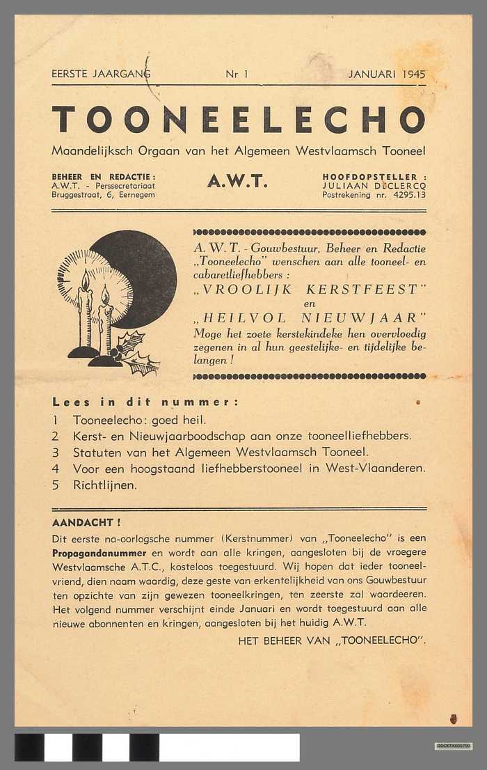 Tijdschrift: Tooneelecho - Maandelijks orgaan van het Algemeen Westvlaamsch Tooneel - Januari 1945 - eerste jaargang - N