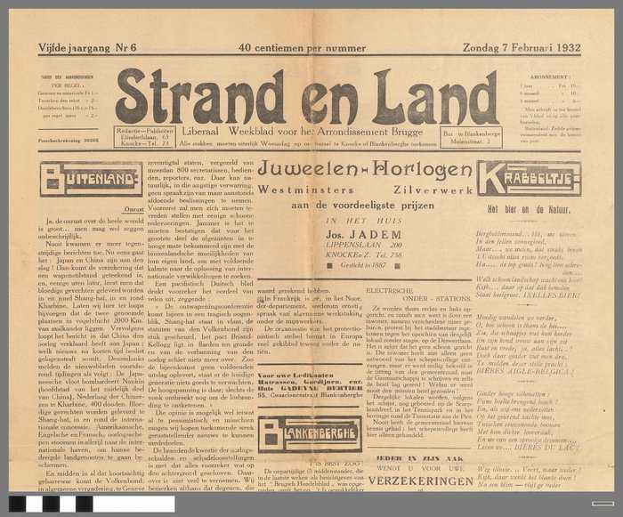 Krant: Strand en Land - liberaal weekblad voor het arrondissement Brugge - 5e jaargang nr. 6 - zondag 7 februari 1932
