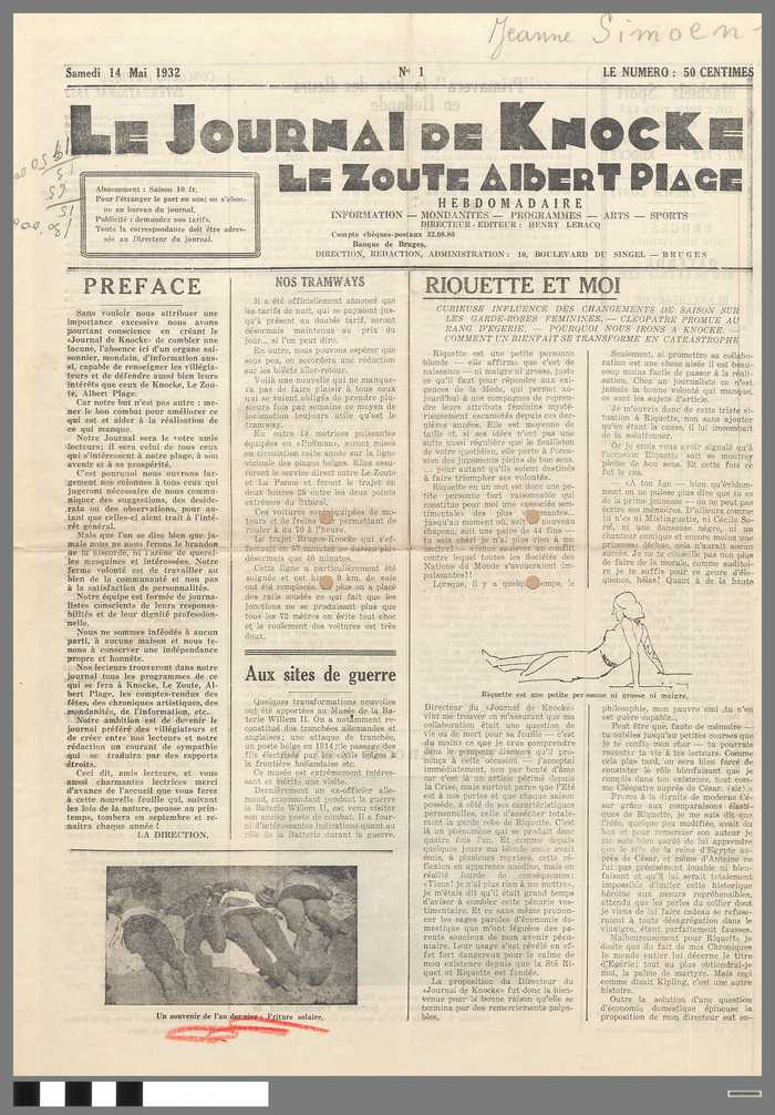Krant: Le Journal de Knocke Le Zoute - Albert Plage - Hebdomadaire - nr 1 - samedi 14 mai 1932