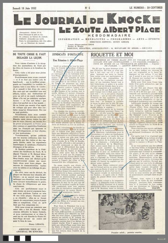 Krant: Le Journal de Knocke Le Zoute - Albert Plage - Hebdomadaire - nr 5 - samedi 18 juin 1932
