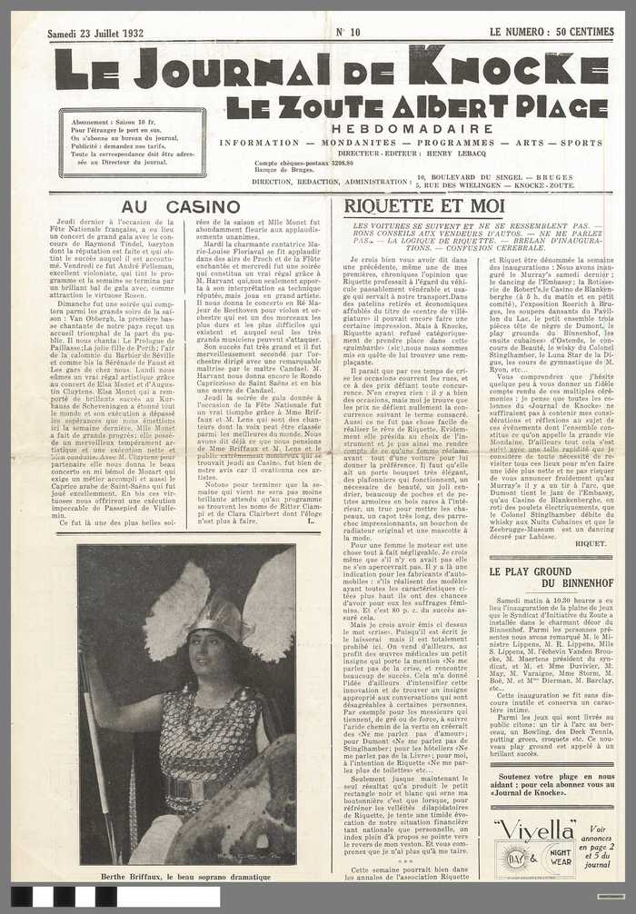 Krant: Le Journal de Knocke Le Zoute - Albert Plage - Hebdomadaire - nr 10 - samedi 23 juillet 1932