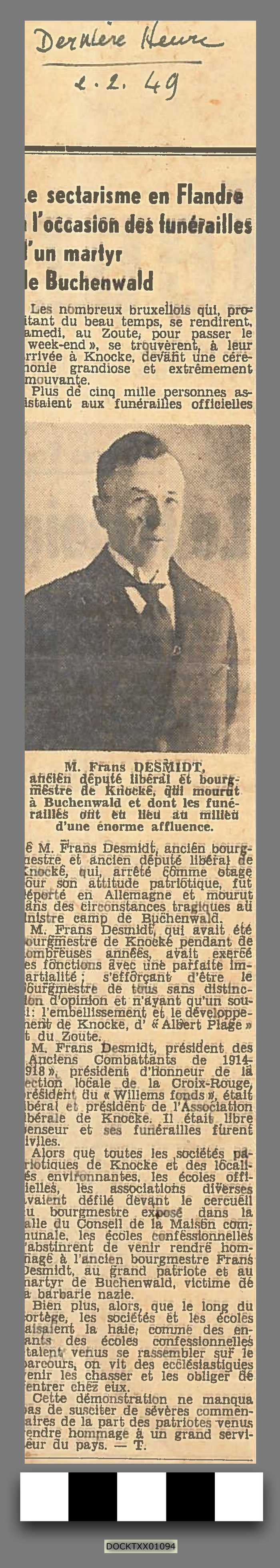 Krantenartikel 'Le sectarisme en Flandre à l'occasion des funérailles d'un martyr de Buchenwald - La Dernière Heure 2 februari 1949