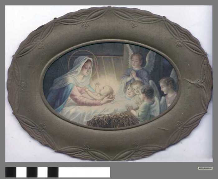 Maria met kindje Jezus en engelen.