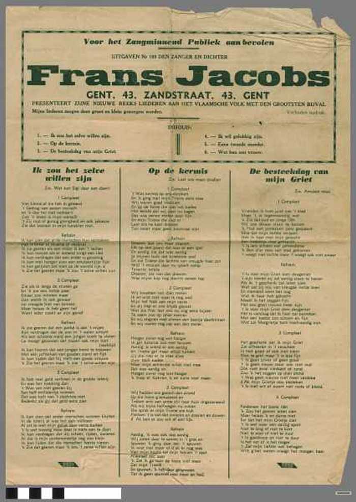 Voor het zangminnend publiek aanbevolen - uitgaven Nr 109 den zanger en dichter Frans Jacobs: Ik zou het zelve willen zijn / Op de kermis / De besteek