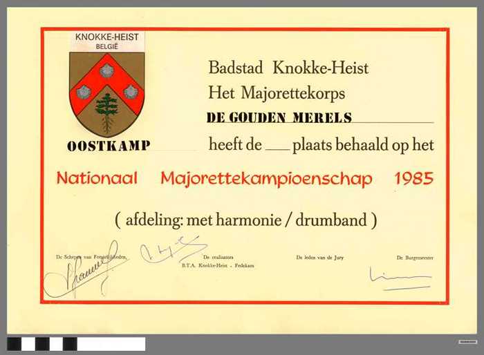 Brevet Nationaal Majorettekampioenschap 1985. De Gouden Merels Oostkamp.