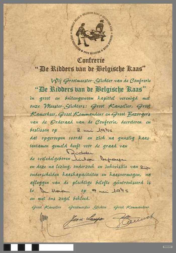 Diploma van De Ridders van de Belgische Kaas - DEPAEPE Victor