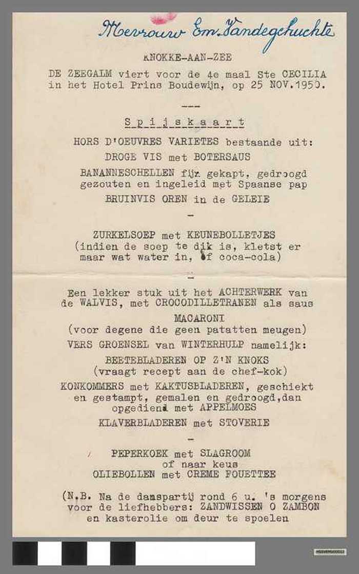 Spijskaart - De Zeegalm viert voor de 4de maal Ste Cecilia -  25 november 1950