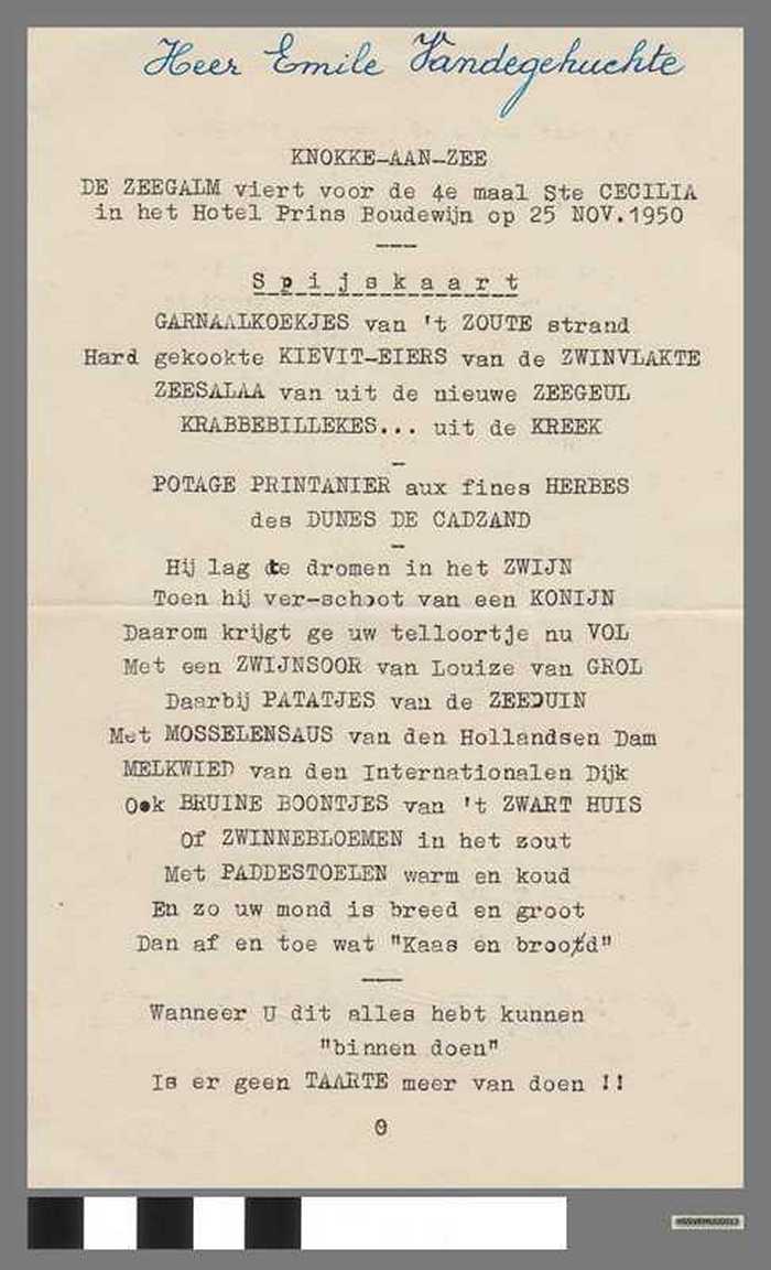 Spijskaart - De Zeegalm viert voor de 4de maal Ste Cecilia -  25 november 1950