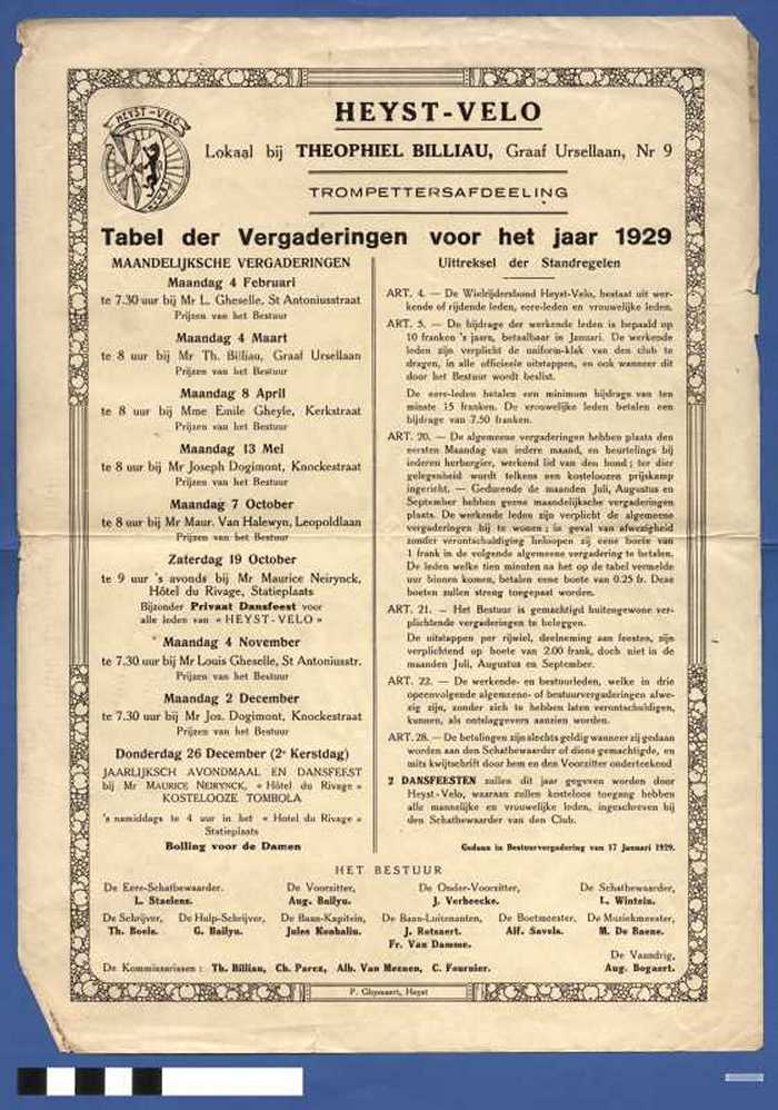 Heyst - Velo- Tabel der Vergaderingen voor het jaar 1929