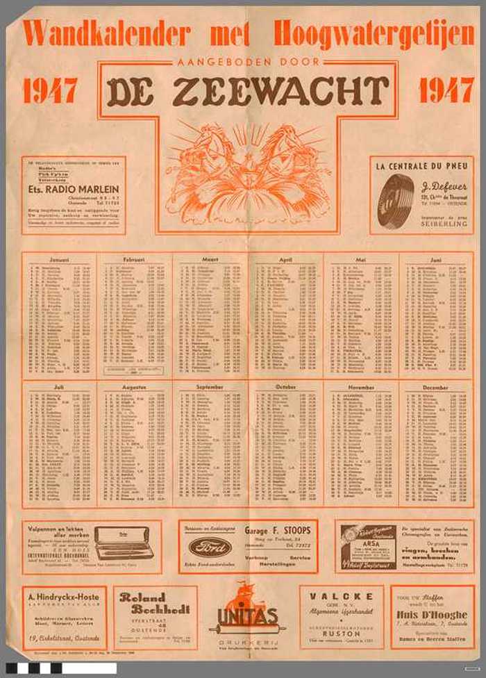 Wandkalender met Hoogwatergetijen - 1947