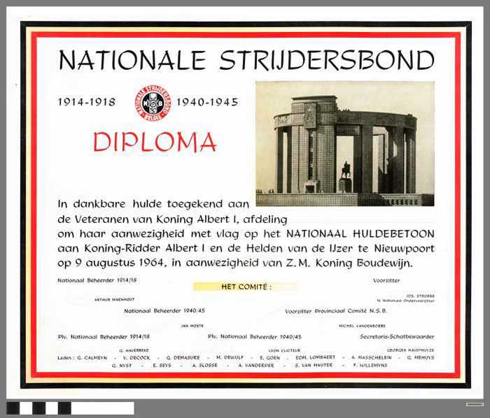 Diploma Nationale Strijdersbond 1914-1918 en 1940-1945