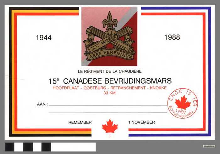 Getuigschrift deelname 15e Canadese bevrijdingsmars