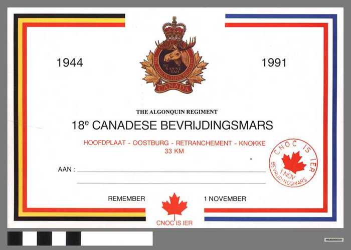 Getuigschrift deelname 18e Canadese bevrijdingsmars