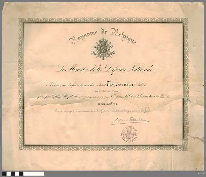 Diploma voor ereteeken - la Croix de Guerre - TAVERNIER Arthur