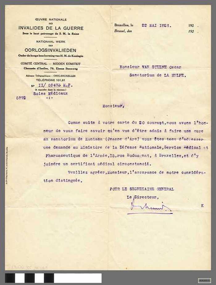 Brief van het Nationaal werk der Oorlogsinvalieden aan Van Steene Oscar betreffende een opname in een sanatorium
