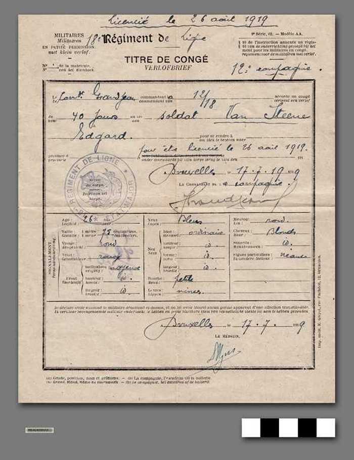 Verlofbrief soldaat Van Steene Edgard - 1919