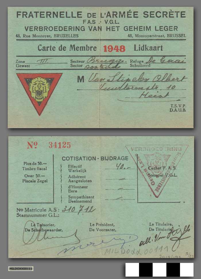 Fraternelle de L'Armée Secrète F.A.S. - Verbroedering van het Geheim Leger V.G.L. - Carte de Membre - 1948 - Lidkaart - Van Stipelen Albert