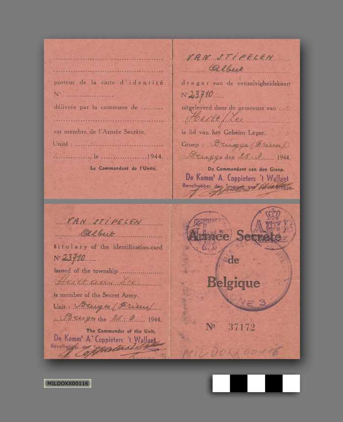 Eenzelvigheidskaart van het Armée Secrete de Belgique no 37172 op naam van Albert Van Stipelen