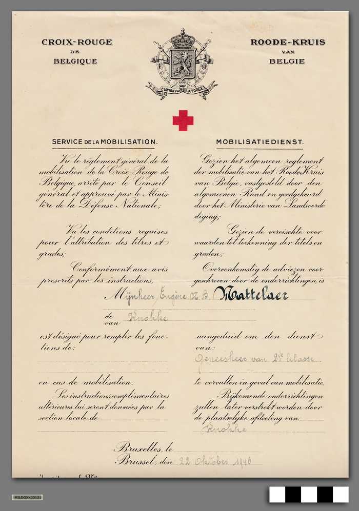 Aanduiding om den dienst van geneesheer van 2de klasse te vervullen in geval van mobilisatie - Roode-Kruis van België - Eugène M.B. Mattelaer