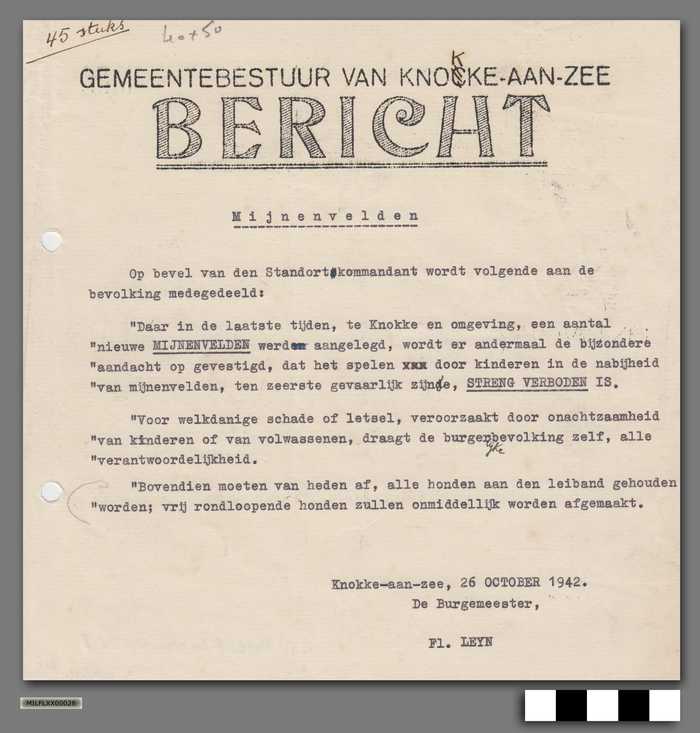 Gemeentebestuur van Knokke-aan-zee - Bericht Mijnenvelden - 26 oktober 1942