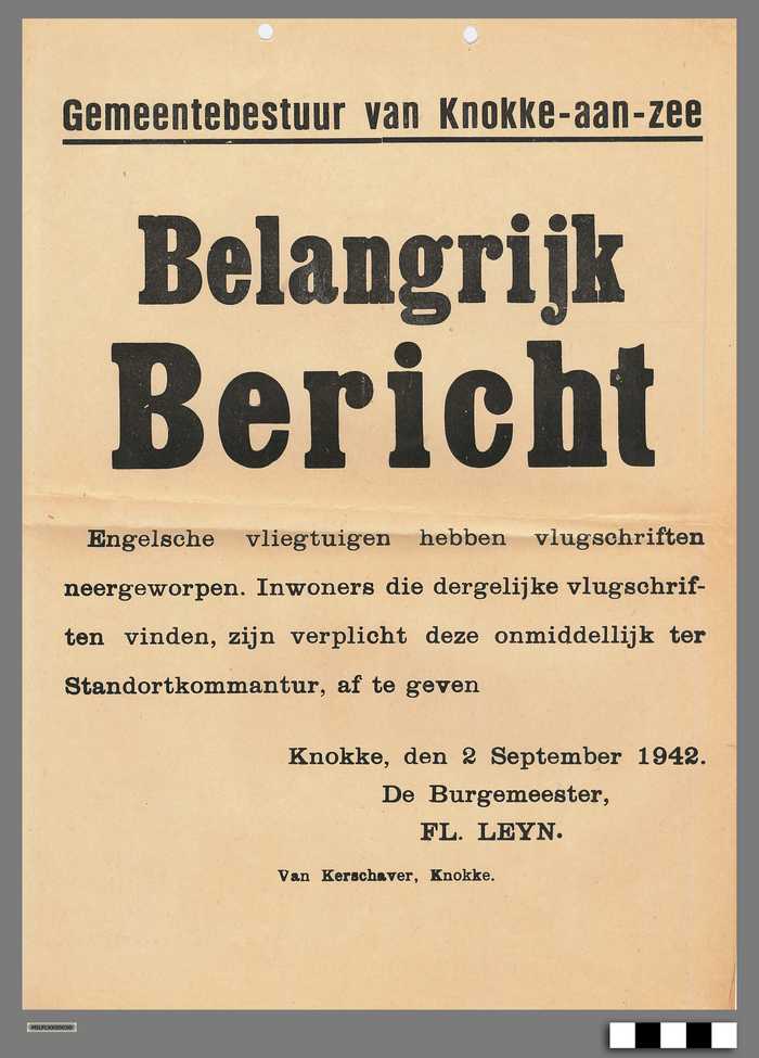 Gemeentebestuur van Knokke-aan-zee - Belangrijk Bericht - 2 september 1942
