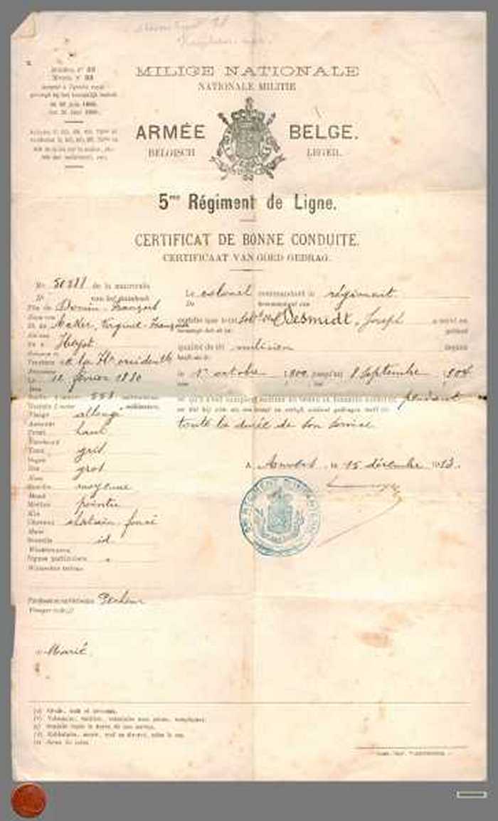 Certificaat van Goed Gedrag - Dsmidt Joseph - 5me Réginemt de Ligne