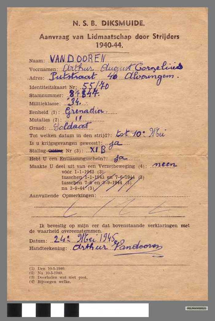 N.S.B. Diksmuide- Aanvraag van lidmaatschap door Strijders 1940-44 - Vandooren Arthur