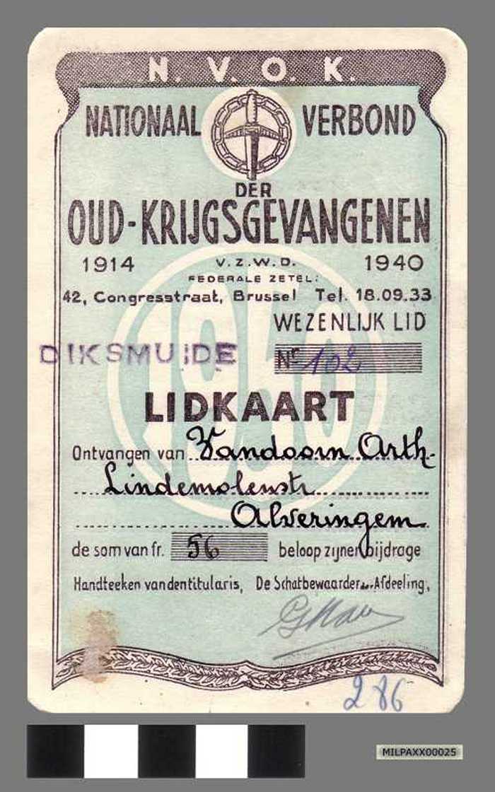 Lidkaart Nr. 102 van het Nationaal Verbond Oud-Krijgsgevangenen 1914 - 1940 Vandoorn Arthur