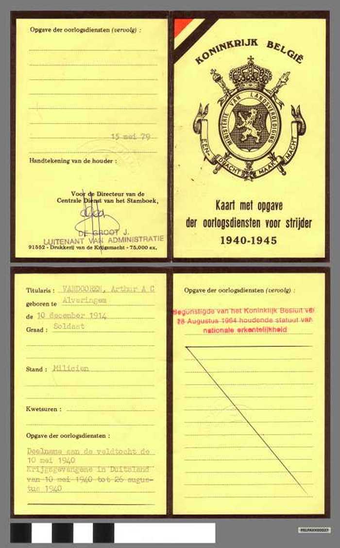 Koninkrijk België - Kaart met opgave der oorlogsdiensten voor strijder 1940-1945 Vandooren Arthur