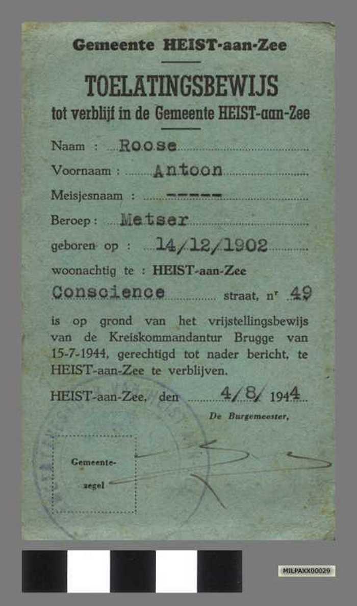 Toelatingsbewijs tot verblijf in de Gemeente Heist-aan-Zee - ROOSE ANTOON.