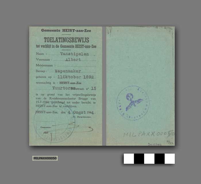 Toelatingsbewijs tot verblijf in de Gemeente Heist-aan-Zee op naam van Albert Vanstipelen