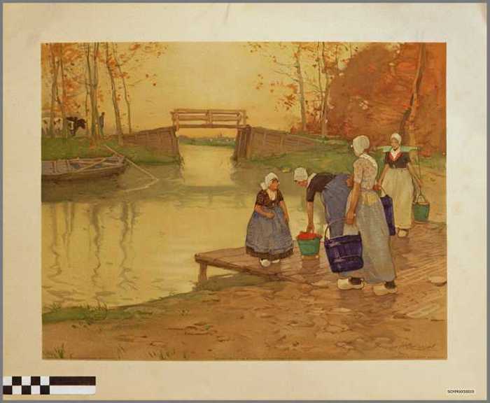 Vrouwen met wasteilen langs het water