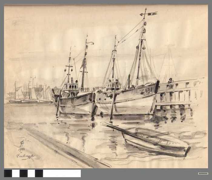 Originele schets in boekje - Twee vissersboten aan de kade
