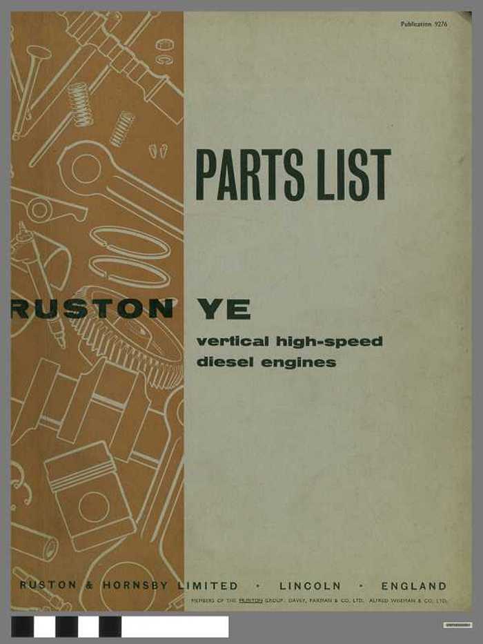 Parts list - Ruston YE  - vertical high-speed diesel engines