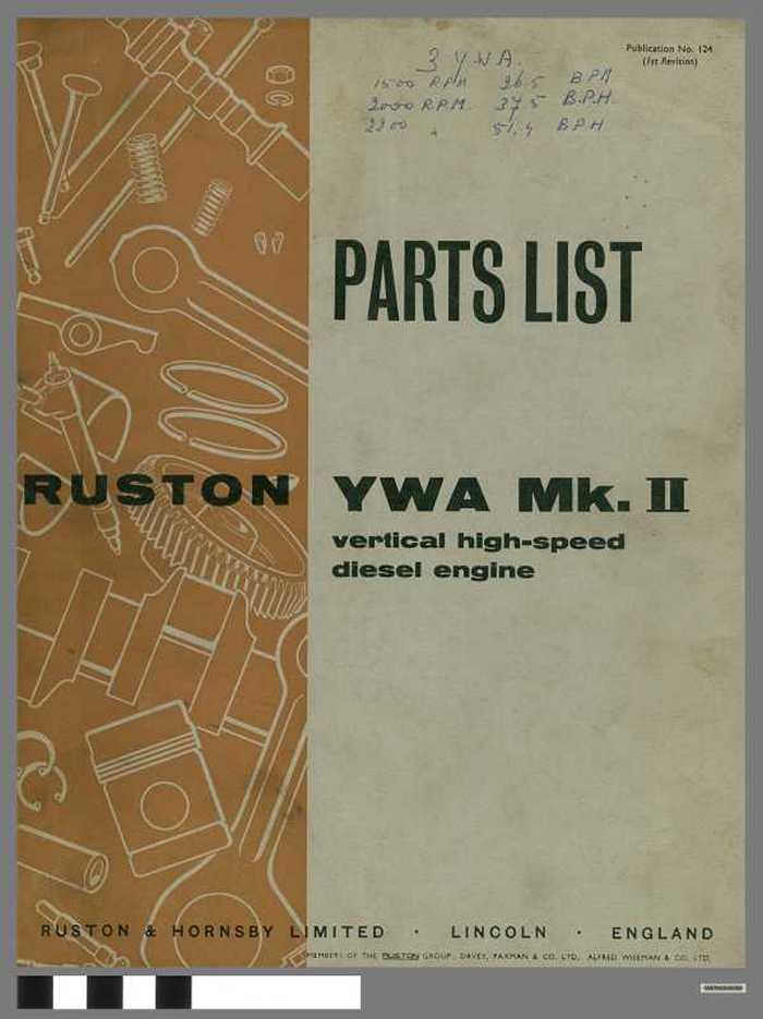 Parts List -  Ruston YWA M.K II  - vertical high-speed diesel engine